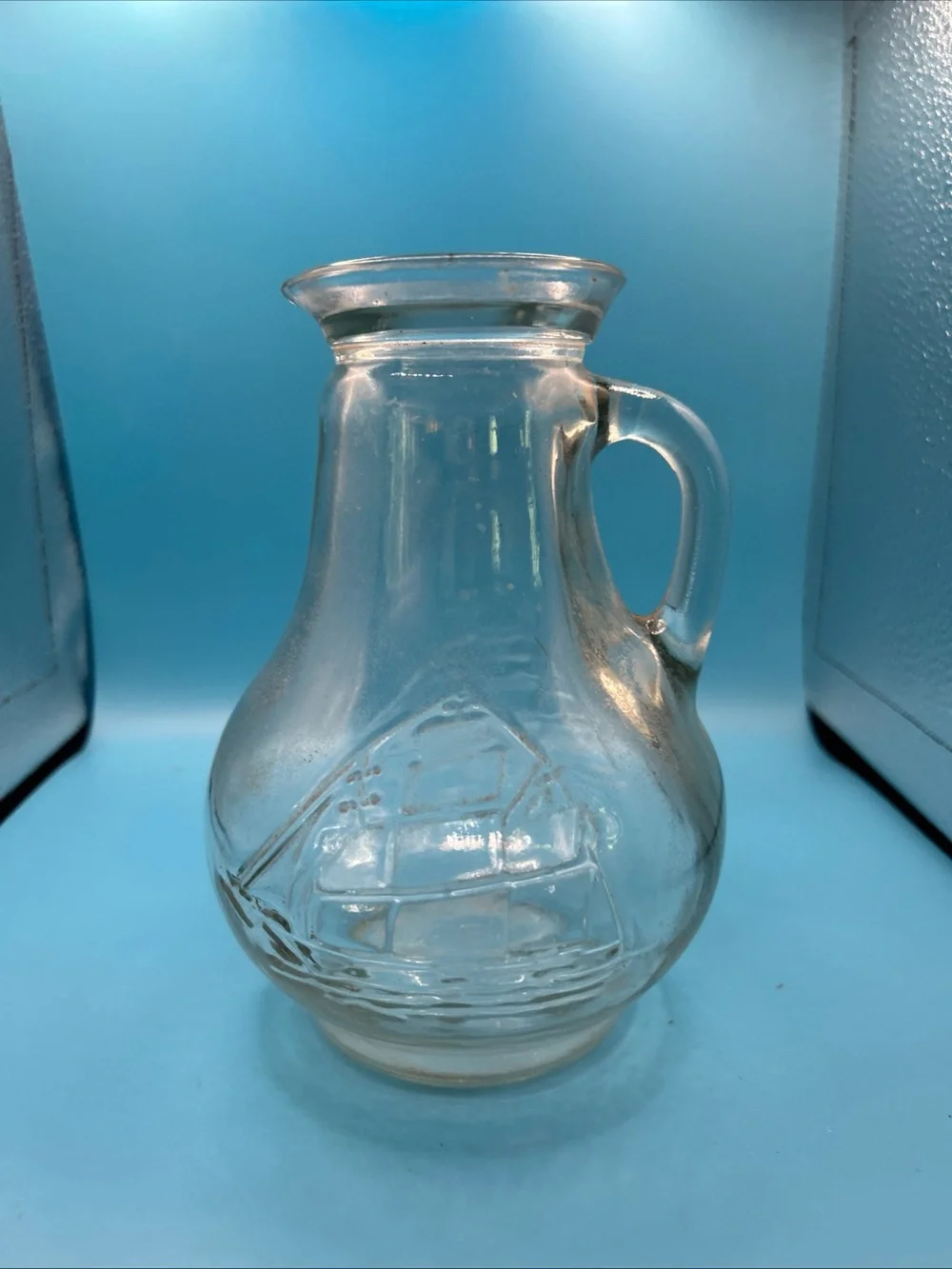 Clear Embossed pirate ship Glass Pitcher with Handle